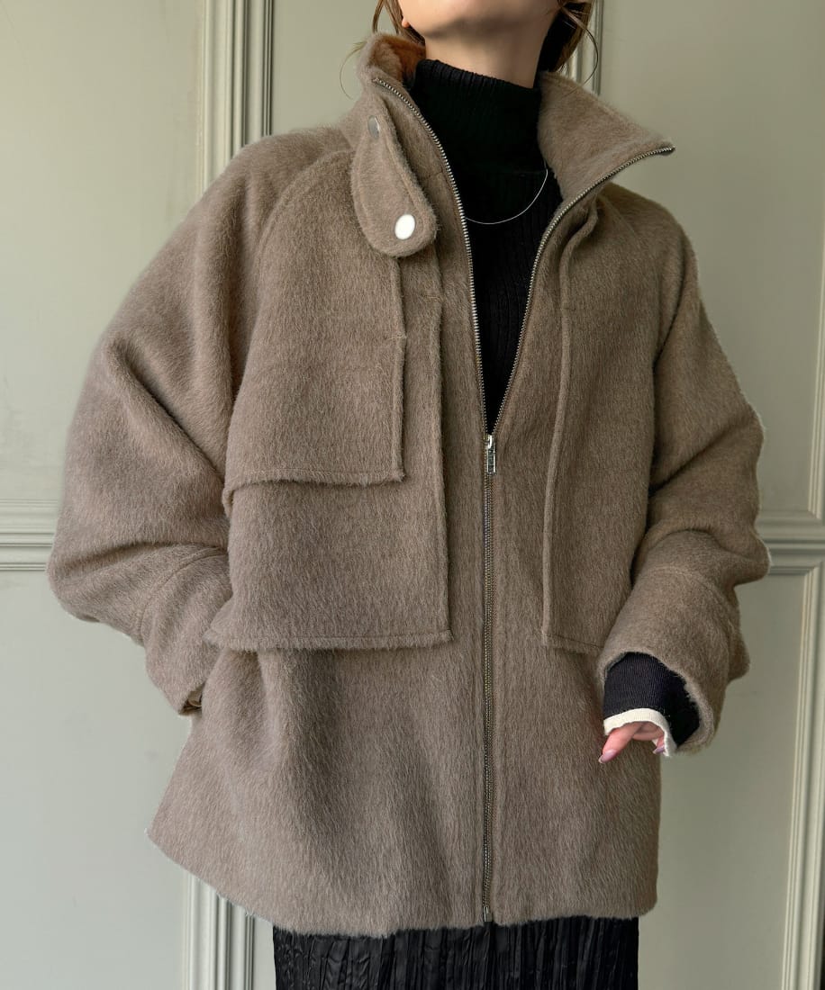 新品タグ付き★リブドロワ★　シャギーミドルコート　グレージュ　ピーコート JUNOAH コート アウター アシメデザインフロントジップシャギーミドル