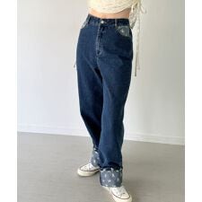 花柄刺繍ロールアップデニムパンツ