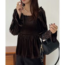 シャーリングベロア肩リボンブラウス