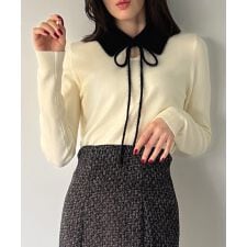 【取り外し可能リボン付き】シャギーカラーニットトップス