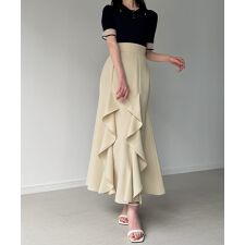 ハイウエストスリットフリルマーメイドスカート(薄手、裏地無し)