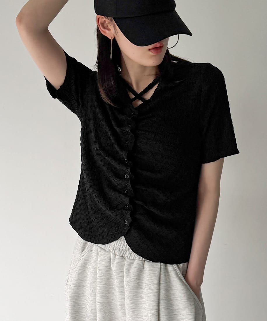 フロントシャーリング首元クロスリボン半袖カーディガン | ジュノア
