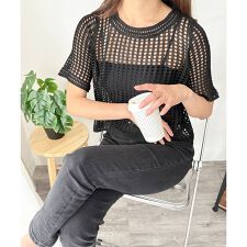 メッシュ編み半袖トップス