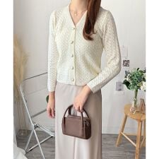 Vネック透かし編みニットカーディガン