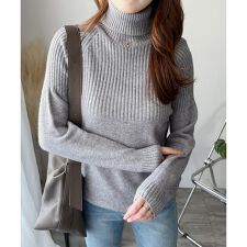 ハイネックリブ切替長袖ニットセーター