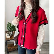 配色ラインVネックボタンニットベスト