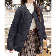 キルティングノーカラーボアアウター