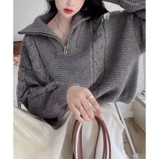 ケーブル編み風ハイネックニットプルオーバー