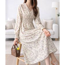 小花柄シャーリングロングワンピース