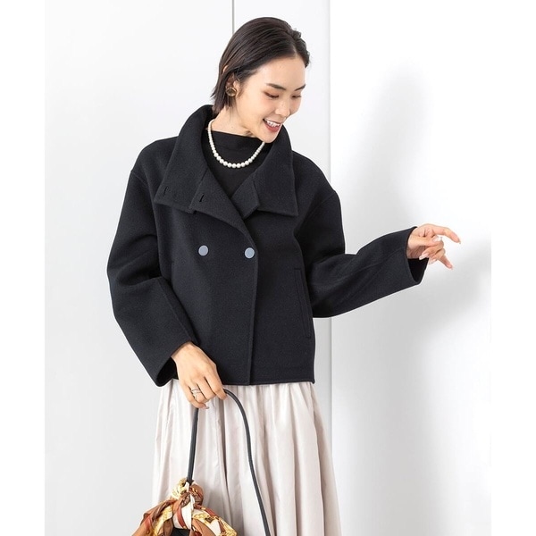 ヒロコビス 圧縮ウール 前開きダブルジップ ロングコート 毛100