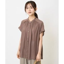 【小さいサイズ】バンドカラーサテンブラウス(新色追加)/接触冷感/洗える/セットアップ対応