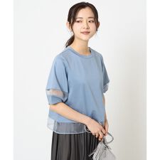 【小さいサイズ】シアー切替えランタンスリーブカットソー/接触冷感/洗える