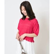 【小さいサイズ】シャーリングボーダー五分袖ニット/洗える