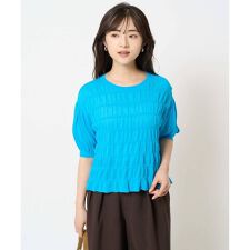 【小さいサイズ】シャーリングボーダー五分袖ニット/洗える