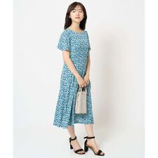 【小さいサイズ】ウエストタックジャージーワンピース（幾何柄・無地）/洗える