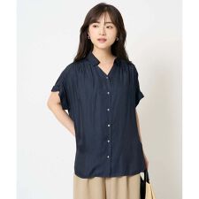 【小さいサイズ】メタル釦デザイン サテン地ブラウス/接触冷感/洗える