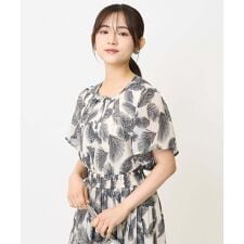 【小さいサイズ】リーフ柄シフォンブラウス/洗える/セットアップ対応