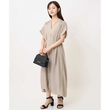 【小さいサイズ】ベルト付きキーネックワンピース/洗える