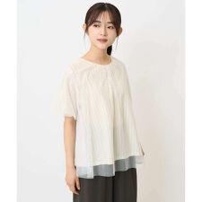 【小さいサイズ】先染めストライプ柄チュール カットソー/洗える