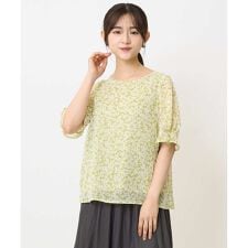 【小さいサイズ】小花柄タックスリーブシフォンブラウス/洗える/セットアップ対応