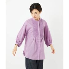 バンドカラーシャーリングコットン7分袖ブラウス