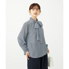 【小さいサイズ】ボウタイ付き千鳥柄プリントブラウス/洗濯機で洗える