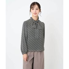 【小さいサイズ】チェック柄ボウタイシフォンブラウス/洗濯機で洗える