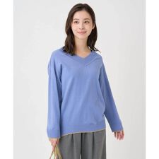 【小さいサイズ】配色ラインVネックニット/洗える