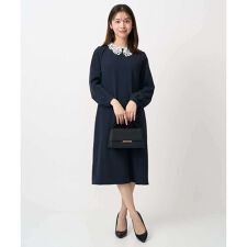 【小さいサイズ】レース襟付きサックワンピース/防シワ/洗える