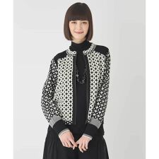 【小さいサイズ】ジャカード×インターシャ幾何柄ニットカーディガン