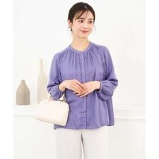 【小さいサイズ】バンドカラーサテンブラウス/接触冷感/UVカット/洗える