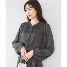 【小さいサイズ】バンドカラーサテンブラウス/接触冷感/UVカット/洗える