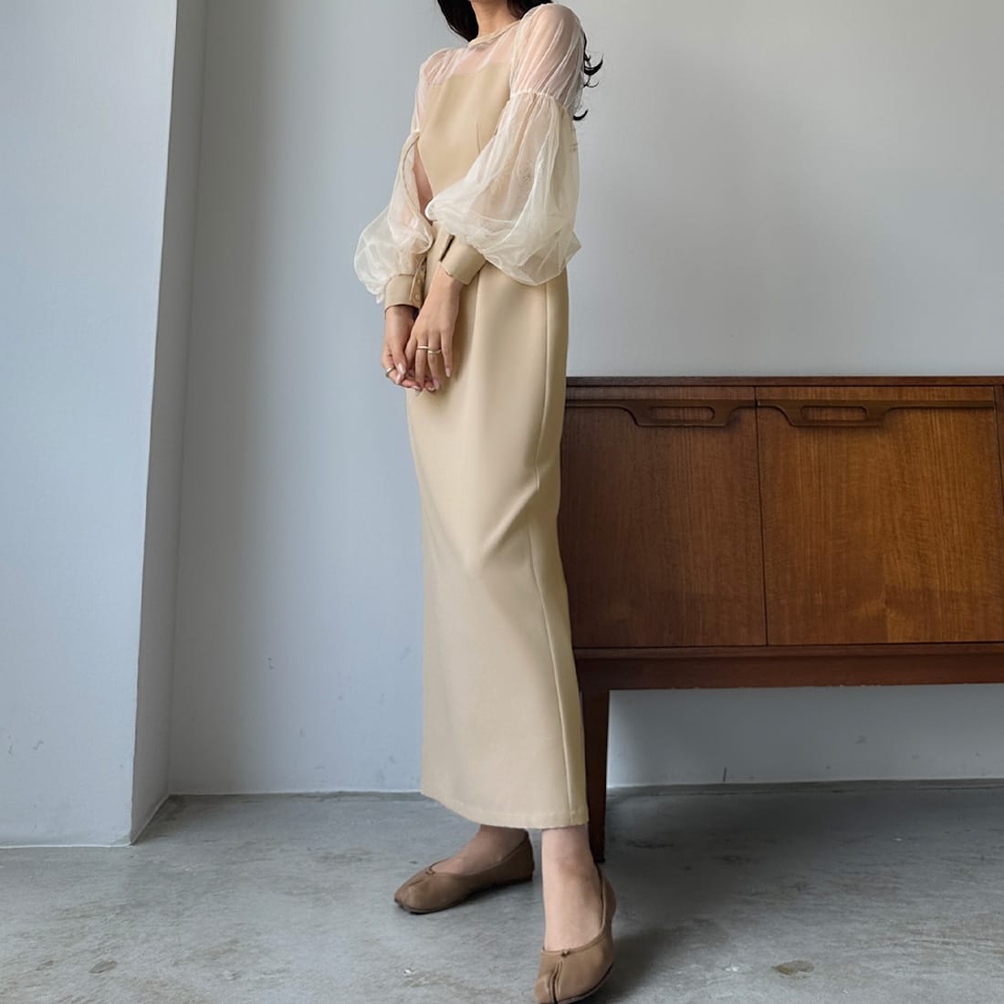 チュールボリューム袖ワンピース  お呼ばれドレス Louere チュールボリューム袖ワンピース | ルエレ(Louere