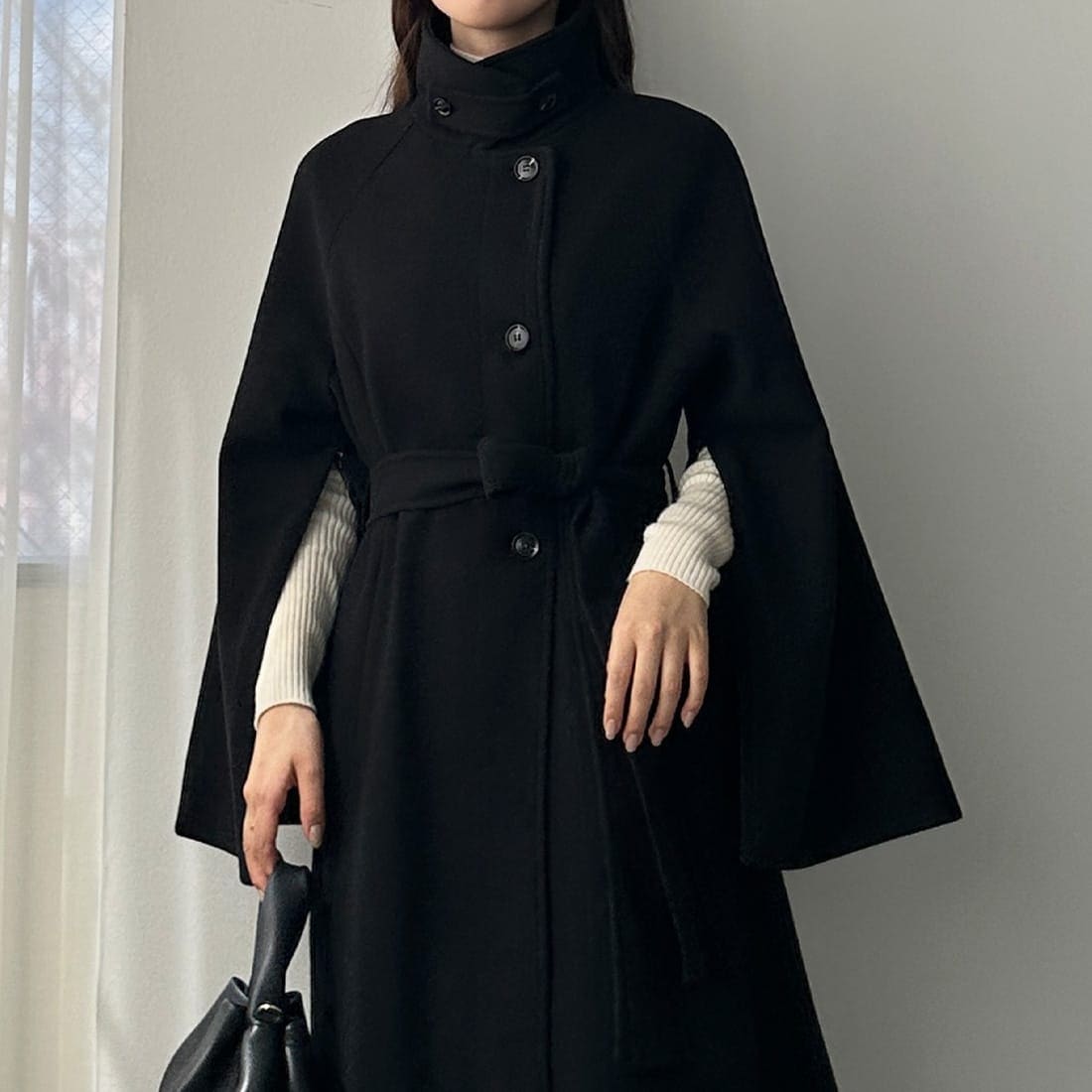 Louere ハイネックミドル丈コート 黒 M ルエレ Louere Louere ハイネックミドル丈コート （ダークグレー