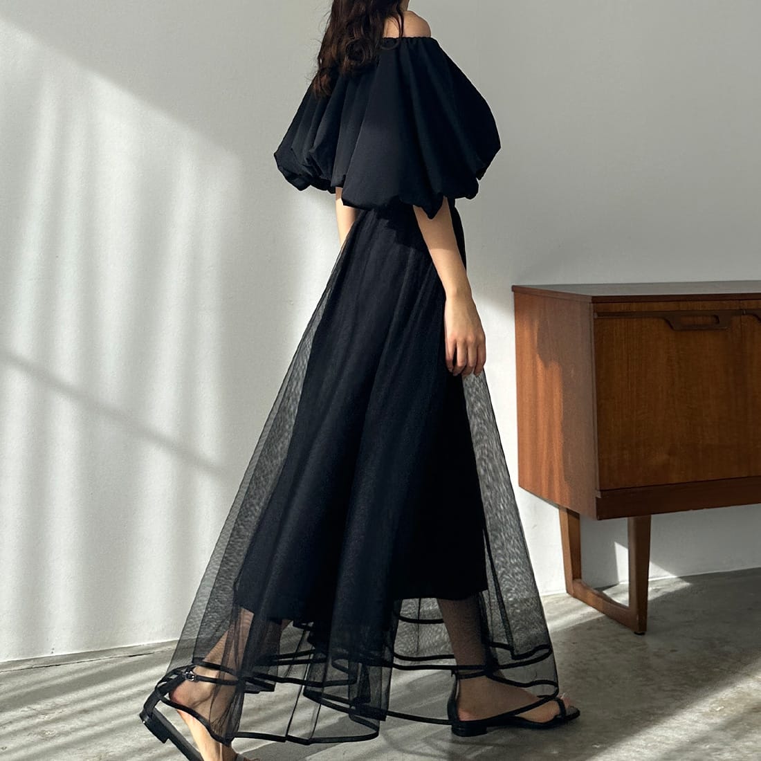 Louere 裾パイピングチュールフレアスカート【ペチスカートセット