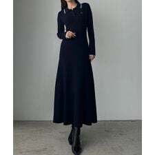 Louere　ロゴ刺繍ニットポロフレアワンピース