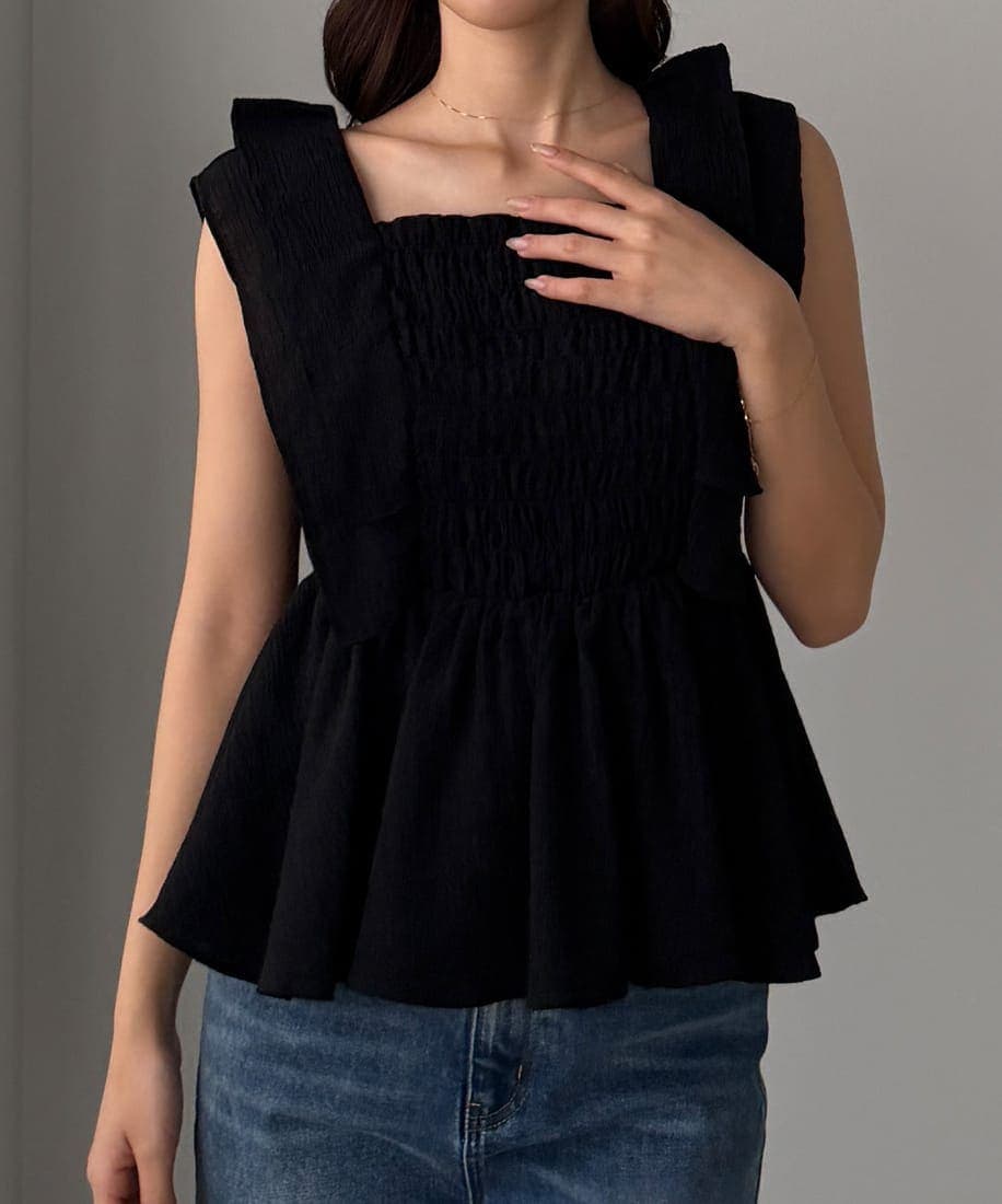 Louere　フリルスリーブペプラム楊柳ブラウス