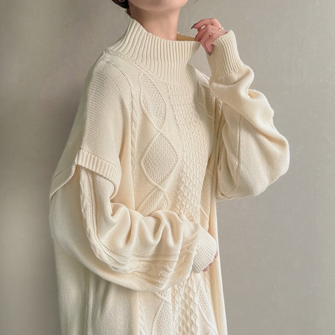 Admiral ケーブルニット ワンピース S ホワイト ハイネックケーブルニットワンピース | ニットジェメイド(knitjemade