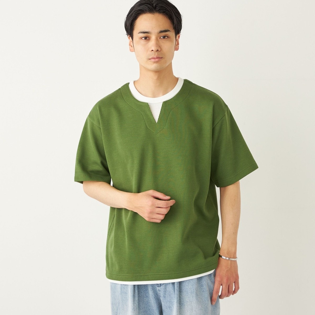 SHIPS Colors:〈手洗い可能〉フェイクレイヤード キーネック ショートスリーブ