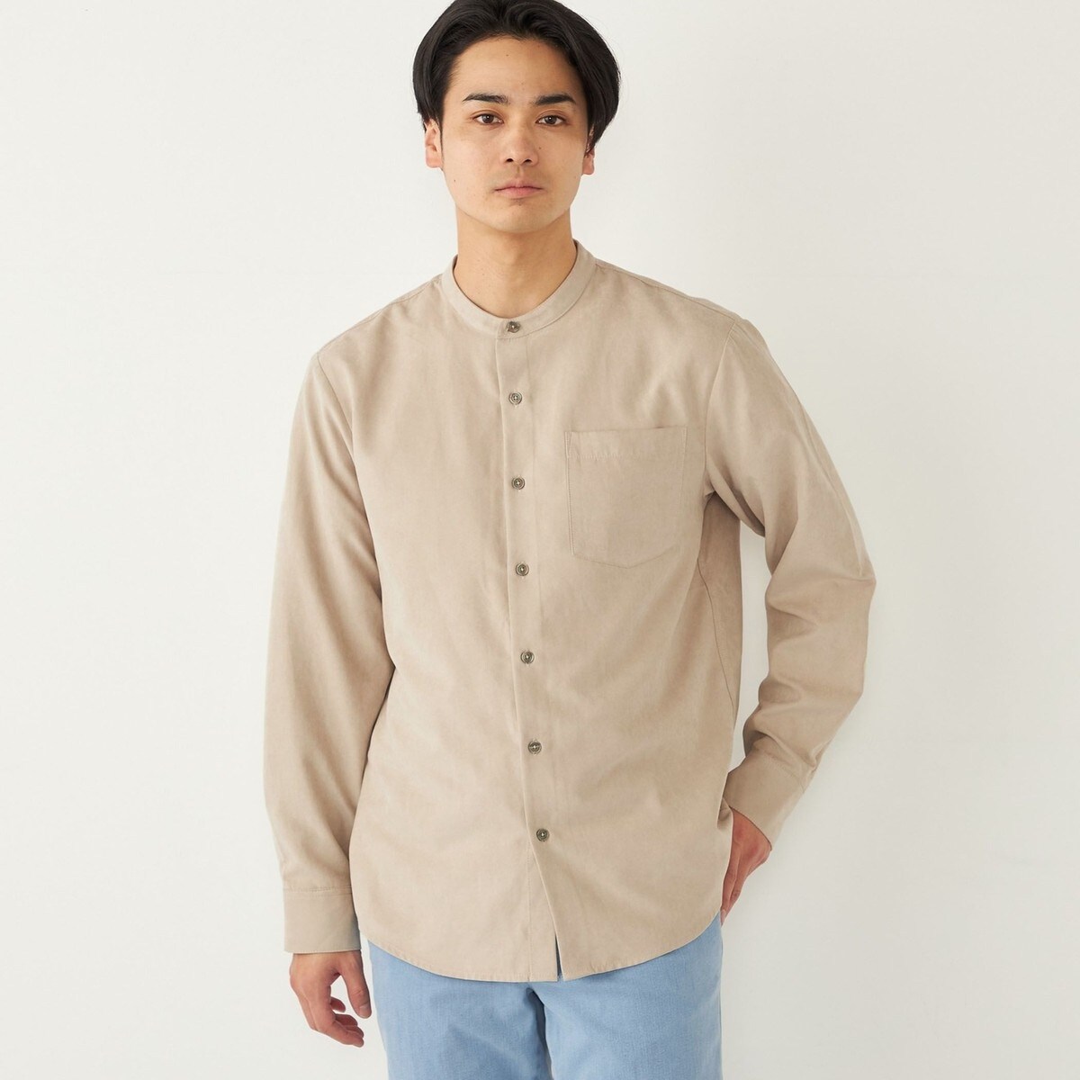 SHIPS Colors:〈洗濯機可能〉フェイクスエード(ポリエステル) バンドカラー シャツ