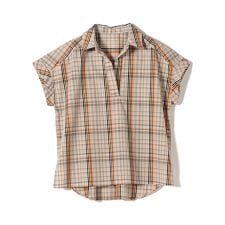 innowave:〈手洗い可能〉TC チェック スキッパー フレンチスリーブ ブラウス