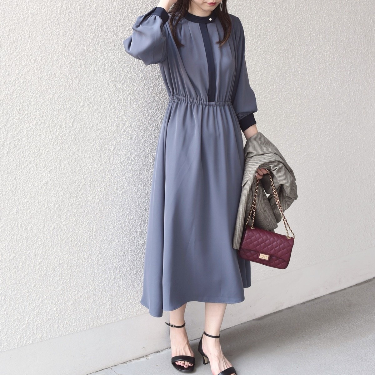 SHIPS Colors 配色 ギャザー フレンチスリーブ ワンピース SHIPS Colors:〈手洗い可能〉配色 ギャザー フレンチスリーブ