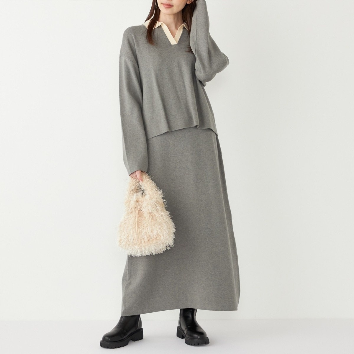 SHIPS Colors:〈手洗い可能〉スキッパー ニット × スカート