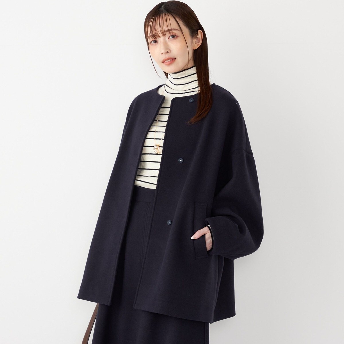 Primary NavyLabel ダブルフェイスノーカラーコート セール】 Primary NavyLabel:ダブルフェイスノーカラーコート 21AW