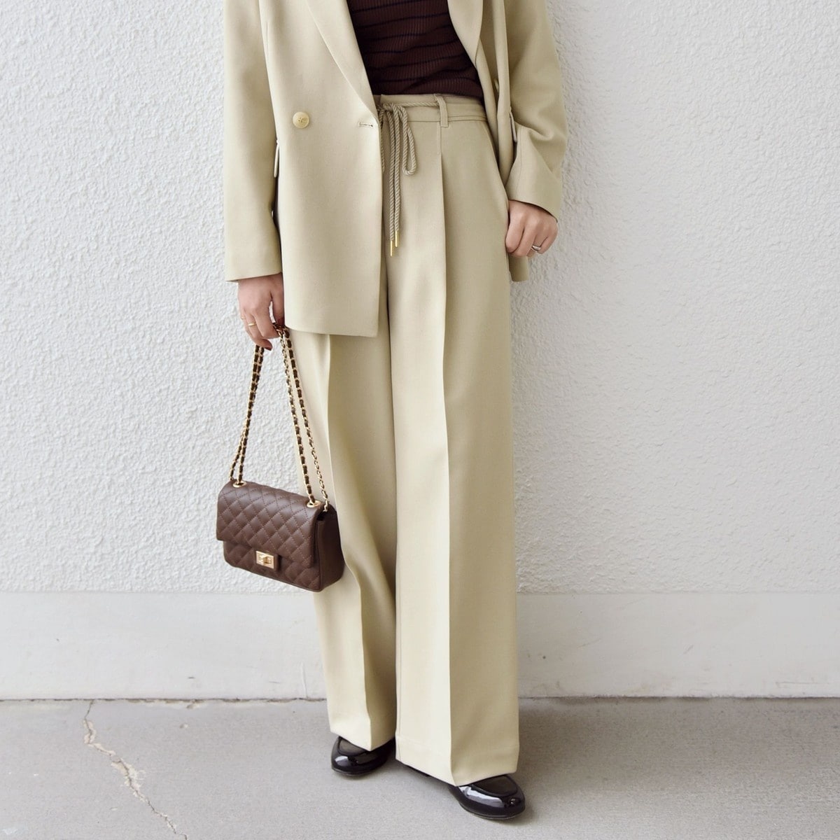 ストレッチサージチェックピンタックイージーワイドパンツ