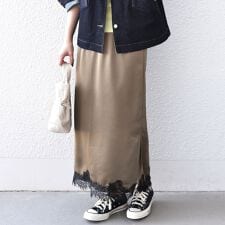 SHIPS Colors:〈手洗い可能〉サテン レース スカート◇