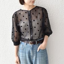SHIPS Colors:〈手洗い可能〉シアー フロッキー ドット 5分袖 ブラウス◇