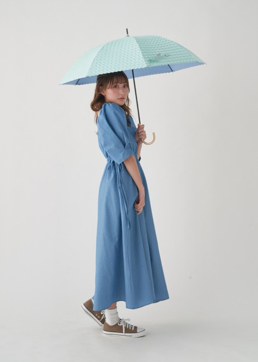 ★新品★サンドレス　晴雨兼用　日傘　楽折　１級遮光　クリスタルビジュー　ベージュ 晴雨兼用日傘 長傘 3Dシート 無地 フリル 1級遮光 遮熱 UV 軽量
