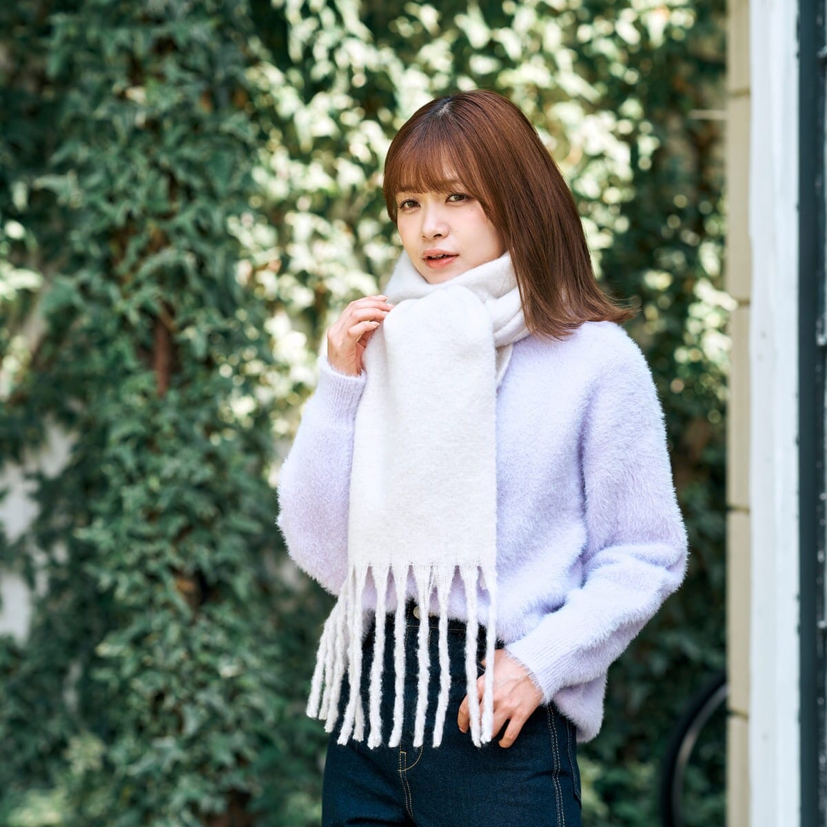 雑誌掲載 洗える】ボリュームマフラー 35×240cm カラーブロック ロゴ