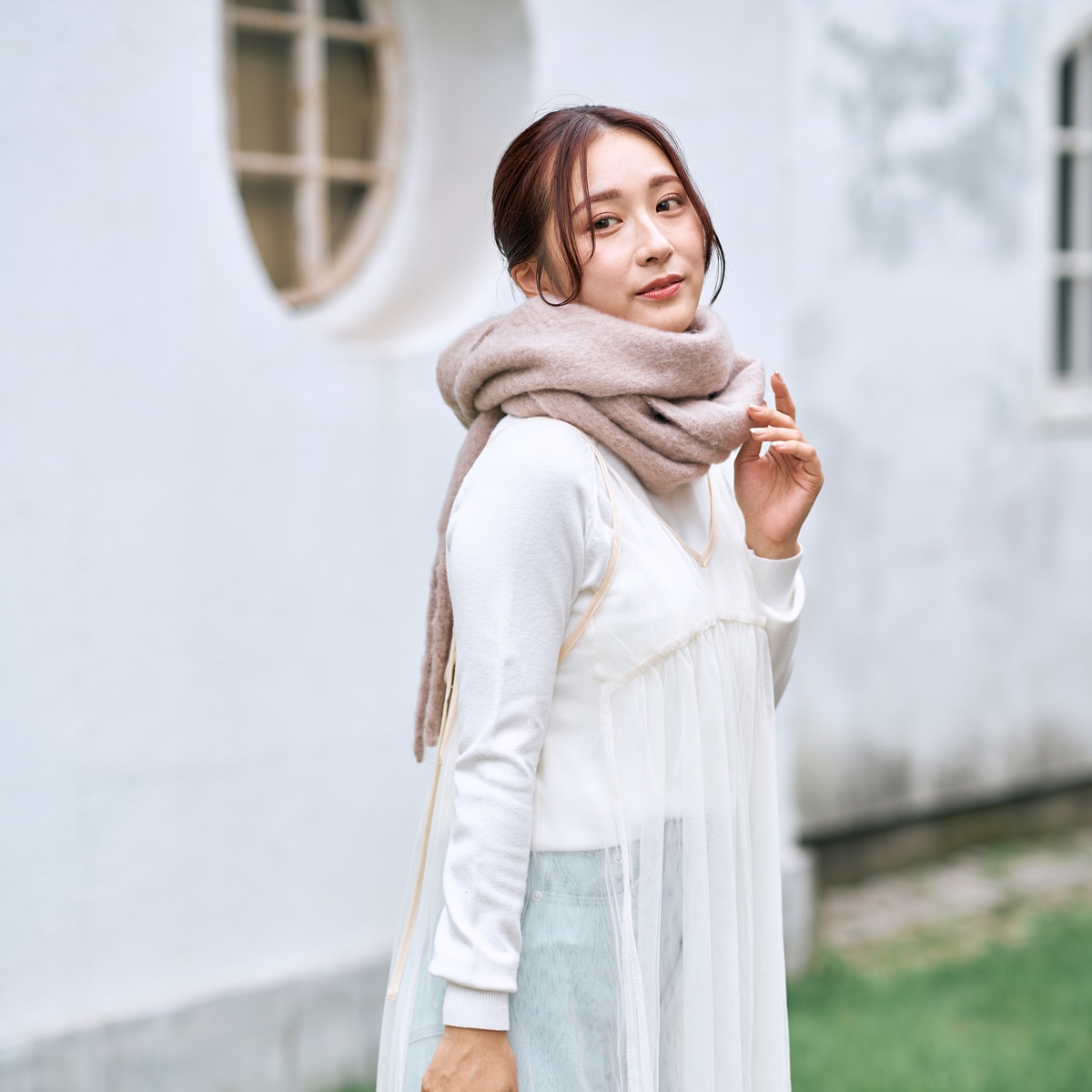 雑誌掲載 洗える】ボリュームマフラー 35×240cm カラーブロック ロゴ